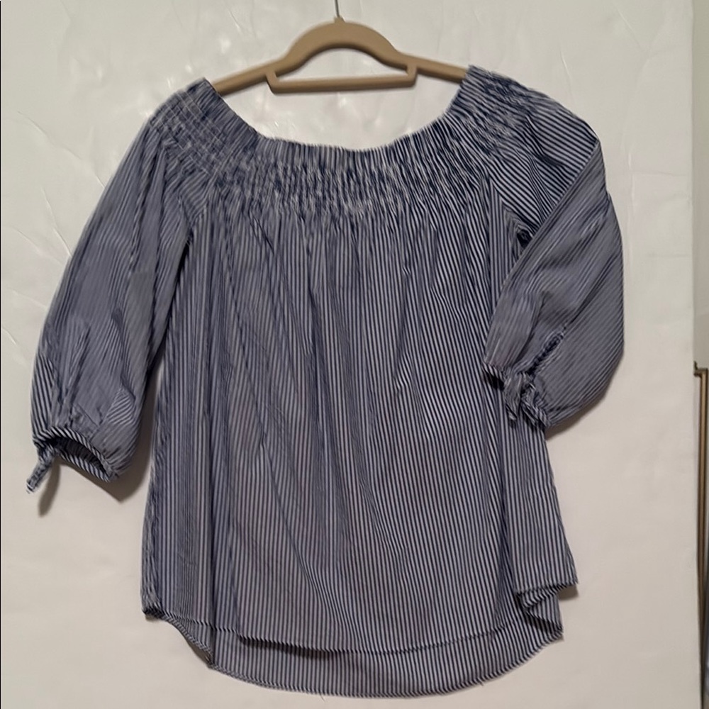 Tuckernuck DO+BE Navy and White Puff Sleeve Off the Shoulder Smocked Blouse